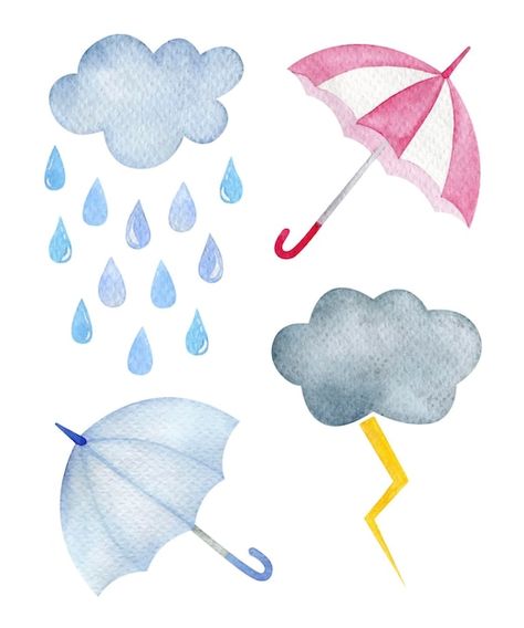 Rainy Cartoon, Drawn Clouds, Rain Sticker, Umbrella Cartoon, Case Drawing, Cartoon Elements, Umbrella Drawing, Cute Watercolor, Watercolor Set