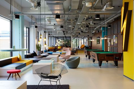 The Student Hotel Amsterdam West. Lobby and game area, photo © Kasia Gatkowska x …,staat. Container School, Student Hotels, Student Lounge, Hotel Amsterdam, Hostels Design, Student Housing, Student House, Pool Tables, Student Accommodation