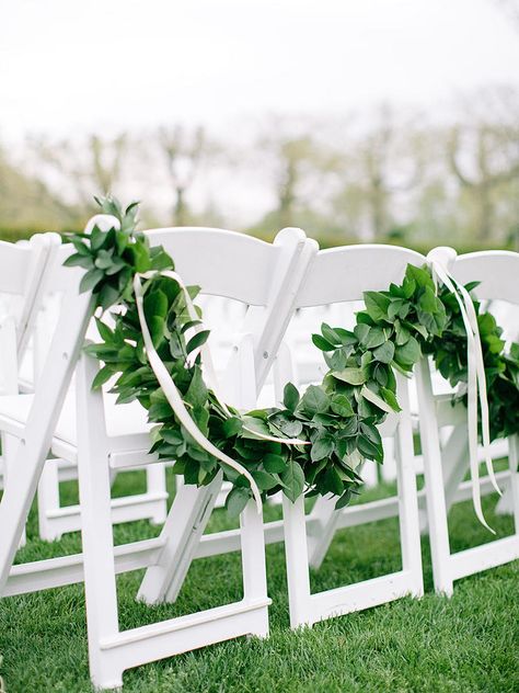 Scallop lemon leaf garlands against the back of wedding guest seating for rustic aisle decor. Flower Aisle, Ceremony Flowers Aisle, Frost Photography, Wedding Ceremony Seating, Rustic Wedding Ceremony, Aisle Decorations, Napa Valley Wedding, Wedding Aisle Decorations, Chair Decor