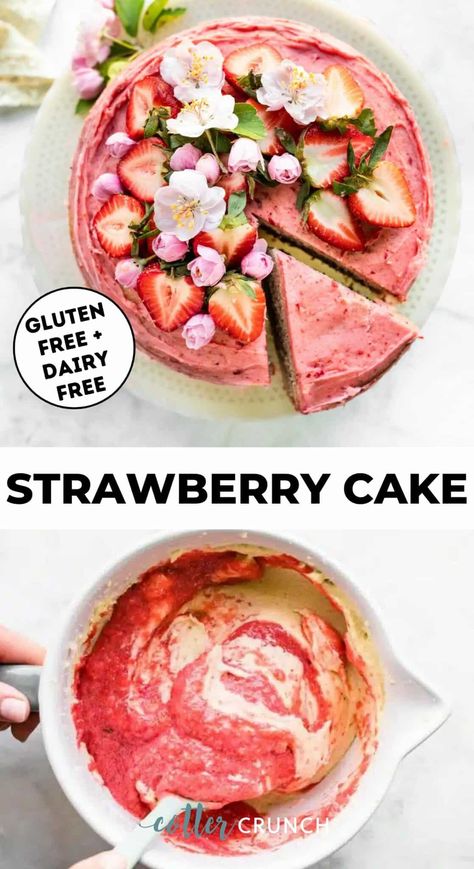 Learn how to make the best Gluten Free Strawberry Cake Recipe with homemade strawberry frosting! Made with simple ingredients and no artificial flavors, it turns out flavorful and moist with ease. Dairy-Free option, too! Dairy Free Strawberry Cake, Gluten Free Strawberry Cake Recipe, Homemade Strawberry Frosting, Cake With Strawberry Frosting, Gluten Free Strawberry Cake, Heavenly Dessert Recipe, Cotter Crunch, Strawberry Gluten Free, Strawberry Cake Recipe