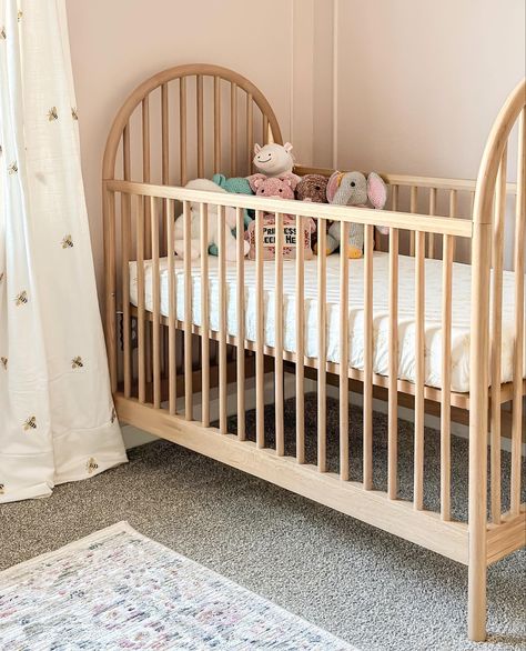 Nursery arch wood crib, pink and white nursery, neutral nursery decor, floral nursery, picture frame molding, bumble bee curtains Arched Crib, Bee Curtains, Pink And White Nursery, Girl Nursery Crib, Wood Crib, Wooden Cribs, Neutral Nursery Decor, Frame Molding, Nursery Decor Neutral