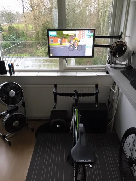 Cycling Room At Home, Cycling Man Cave, Indoor Bike Aesthetic, Peloton Bike In Bedroom Ideas, Home Spin Bike Room, Indoor Cycling Studio, Home Office/gym, She Shed Interior, Indoor Bike Trainer