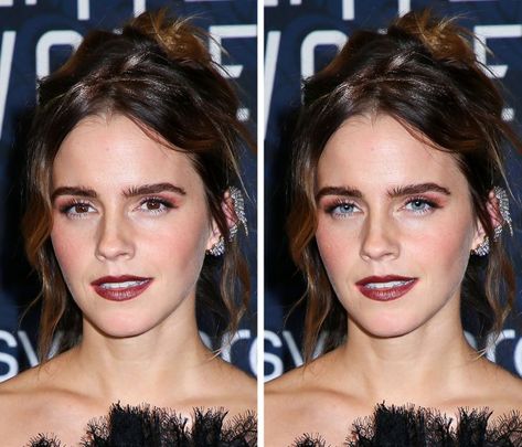 Almond Eyes Celebrities, Long Face Celebrities, Emma Watson Eye Makeup, Blue Eyes Vs Brown Eyes, Emma Watson Eyes, Emma Watson Color Analysis, Strong Makeup Look, People With Blue Eyes Be Like, Girls With Small Lips