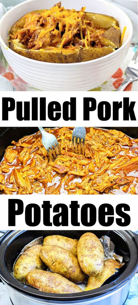 Pulled pork baked potatoes are amazing! Cook them both together in a slow cooker so the one pot dinner is done at the end of the day. Pulled Pork Baked Potato Recipes, Pork Baked Potatoes, Pull Pork, Pulled Pork Leftover Recipes, Crock Pot Pulled Pork Recipe, Making Baked Potatoes, Pulled Pork Leftovers, Boneless Pork Shoulder, Crockpot Pulled Pork