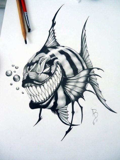 Ikan Air Tawar, Easy Draw, Fish Drawings, Graffiti Drawing, Skull Tattoos, Tattoo Design Drawings, Fish Art, Skull Art, Pencil Art