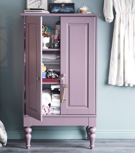 ISALA cabinet in lilac with adjustable shelves Fabric Storage Solutions, Small Space Storage Bedroom, Bedroom Storage For Small Rooms, Ikea Bedroom Storage, Bedroom Storage Chest, Casa Hobbit, Storage Solutions Bedroom, Bedroom Organization Storage, Ikea Bedroom