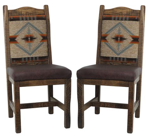 These Barnwood Dining Chairs are sold in PAIRS.  You will receive two Solid Oak Chairs for the price shown plus shipping.  Our Barnwood Dining Chairs are hand-made by Amish Craftsman from distressed rough sawn Oak. They are available in Dark Walnut Finish as shown. The back is upholstered with Arizona Sand Fabric.  Seat Choice is Faux Leather Fabric, Chocolate Leather, Hickory Leather, Saddle Leather or Black Leather.   This is a great rustic dining chair that will go with your own table or one Southwestern Chairs, Western Chair, Rustic Bar Stools, Oak Chairs, Rustic Dining Chairs, Cowhide Chair, Leather Dining Room Chairs, Oak Chair, Western Furniture