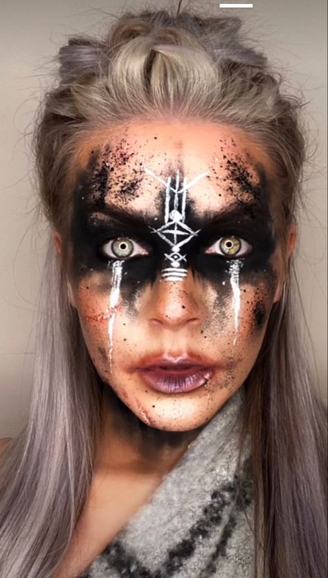 Celtic Warrior Makeup, Woman Viking Makeup, Barbarian Makeup Female, Viking Makeup Female Warrior Tutorial, Female Viking Makeup, Halloween Makeup For Men With Beards, Viking Makeup Men, Viking Make Up, Voodoo Queen Makeup