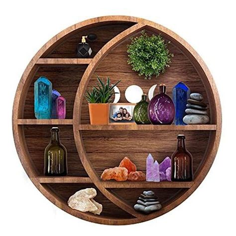 Shelf For Crystals, Display Shelves Decor, Moon Shelf, Circle Shelf, Wood Moon, Essential Oil Shelf, Crystal Shelves, Wall Hanging Storage, Wooden Wall Shelves