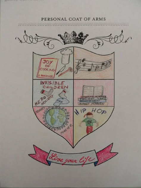 Hannah Vicky: My Personal Coat of Arms Coat Of Arms Design Ideas, Personal Coat Of Arms, Castles Topic, Family Shield, 6th Grade Social Studies, Art Therapy Projects, 6th Grade Art, Arm Art, History Activities