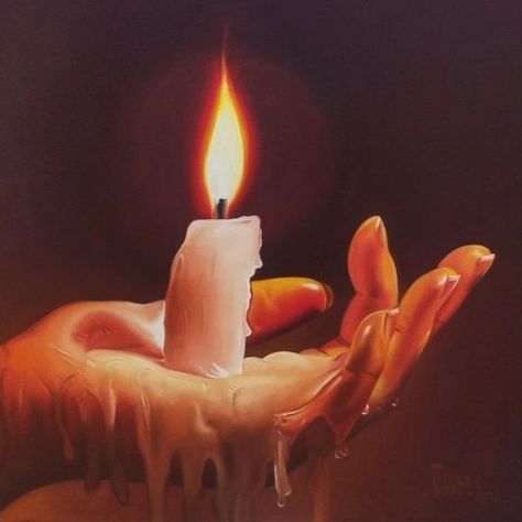 Glowing Hands Painting, Melting Candle Painting, Paintings Of Candles, Burning Candle Painting, Painting Of Candle, Melted Candles Aesthetic, Candlelight Painting, Candle Flame Art, Candle Reference