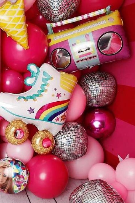 Balloon garlands and walls are so on-trend right now and are everywhere. This balloon wall is so cool with everything girls like, such as rollerskates and disco balls. See more party ideas and share yours at CatchMyparty.com #catchmyparty #partyideas #barbie #barbieparty #barbiepartyideas #teenparty #girlbirthdayparty Rollerskate Party Ideas, Barbie Balloon Garland, Disco Balloon Garland, Rollerskate Party, Barbie Backdrop, Rollerskating Party, Girls Barbie Birthday Party, Barbie Party Ideas, Barbie Pool