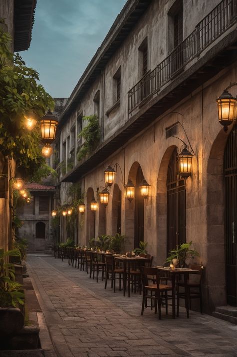 A hyperrealistic image of a cozy outdoor staycation setup on a cobblestone patio, surrounded by colonial-era buildings and lush greenery within the historical walls of Intramuros. Spanish Colonial Architecture, Cobblestone Patio, Philippines Destinations, Philippine Architecture, Park Architecture, Philippine History, Spanish Architecture, Colonial Architecture, Old Wall