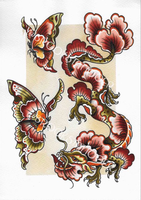 Non Traditional Dragon Tattoo, Traditional Christmas Tattoo Flash, Butterfly Japanese Tattoo, Neck Tattoo Drawing, Creative American Traditional Tattoos, Traditional Holly Tattoo, Ed Hardy Dragon, Traditional Tattoos American, Trad Back Tattoo