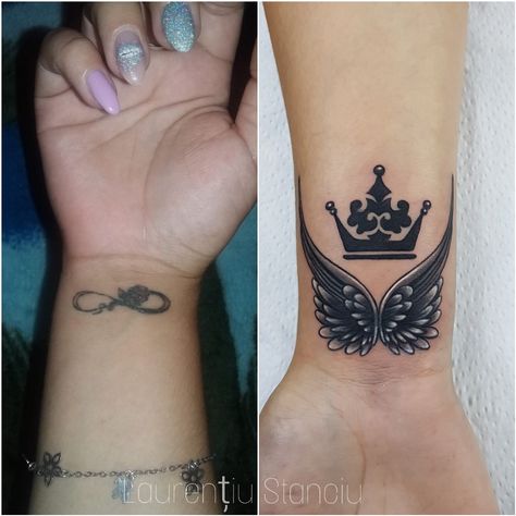 Cover Up Infinity Tattoos For Women, Small Tattoo For Cover Up, Ladies Cover Up Tattoo Ideas, Medium Size Cover Up Tattoos, Cover Tatoos Ideas Women, Coverup Name Tattoo Ideas, Cover Up Wrist Tattoo For Men, Crown Cover Up Tattoo, Cover Up Tattoos For Men Wrist