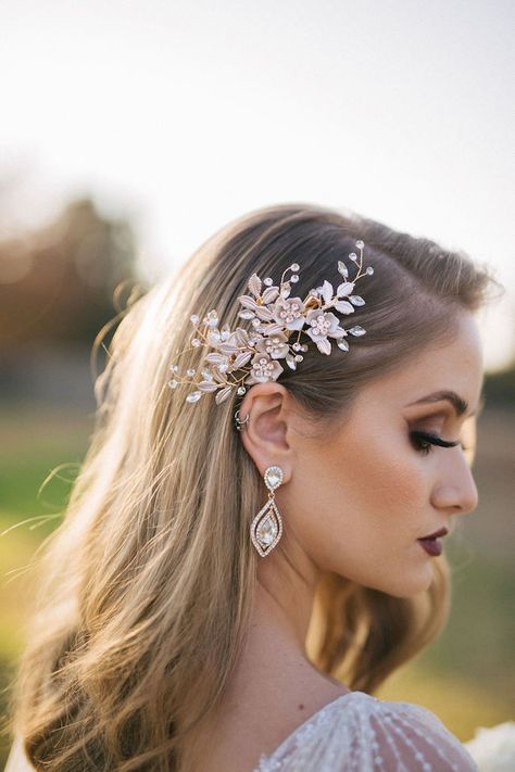 Timeless Wedding Inspiration featuring a Vintage Car - Inspired By This Rose Gold Hair Piece, Boho Wedding Accessories, Gold Hair Piece, Crystal Bridal Headpiece, Rustic Wedding Hairstyles, Gold Hair Comb, Jr Prom, Wedding Clip, Floral Hair Combs