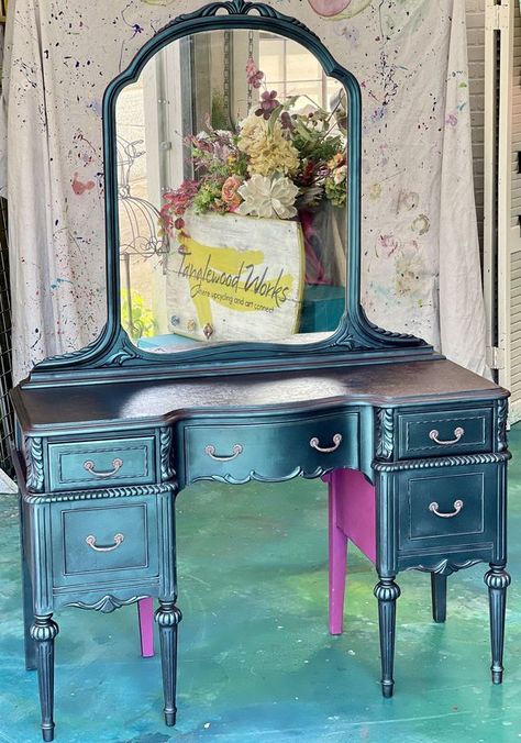 Bright Furniture Painted, Vanity Paint Ideas, Antique Vanity Makeover, Upcycled Vanity, Rustic Painted Furniture, Vintage Makeup Vanities, Teal Furniture, Turquoise Furniture, Bright Furniture