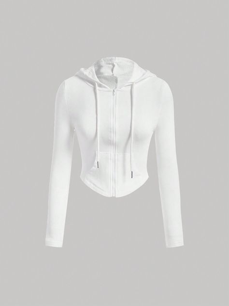 White Casual Collar Long Sleeve Knitted Fabric Plain Zip Up Embellished Medium Stretch  Women Clothing Cute White Hoodie With Drawstring Hood, Sporty White Top With Drawstring Hood, White Long Sleeve Windbreaker With Drawstring Hood, White Hooded Hoodie With Zipper Closure, White Cropped Zip Up Hoodie, Comfy Jackets, Hoodie Png, Gym Jacket, White Jacket