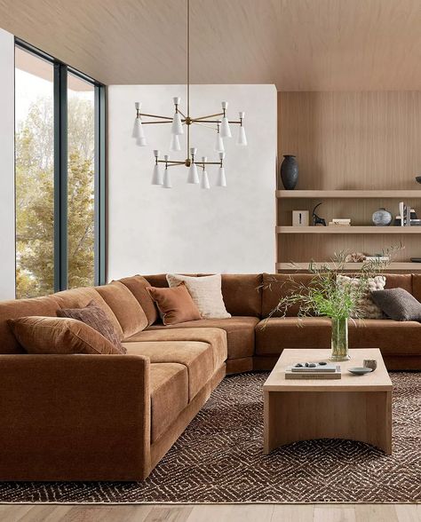 Best Living Room Furniture Sets and Collections | Crate & Barrel Extra Deep Sectional, Rust Sectional Living Room, Crate And Barrel Living Room Inspiration, Camel Sofa Living Room Ideas, Transitional Living Room Leather Couch, Copper Couch, Family Room With Sectional, Rust Couch Living Room Ideas, Crate And Barrel Couch