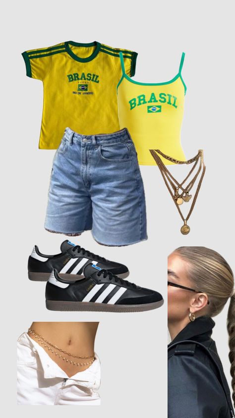 #blokette #blokecore #jersey #brazil #jorts #sambas #outfit #summer #beach Brazil Jersey Outfit, Sambas Outfit, Brazil Jersey, Jersey Outfit, Spring Fits, Outfit Summer, Beach Day, Rio De Janeiro, Summer Beach