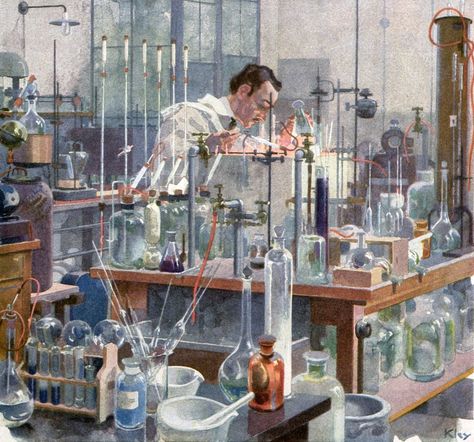 Chemical Laboratory, Heinrich Kley, Jugend magazine, 1922. Chemistry Painting, Laboratory Aesthetic, Chemical Laboratory, Painting Ideas Aesthetic, Chemistry Art, طابع بريدي, Chemistry Labs, Mad Science, Laboratory Science