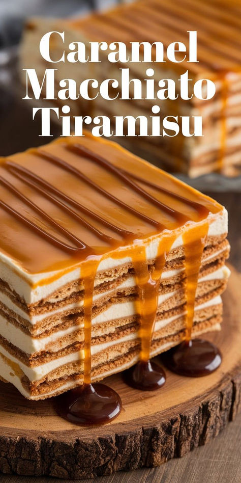 Love caramel macchiatos? Try them in dessert form with Caramel Macchiato Tiramisu! This rich, layered treat combines creamy espresso flavors with a touch of caramel sweetness. Different Flavor Tiramisu, Salted Caramel Tiramisu, Caramel Macchiato Cake, Tiramisu Flavors, Bunco Desserts, Dessert With Caramel, Caramel Tiramisu, Tiramisu Recipes, Caramel Dessert Recipes