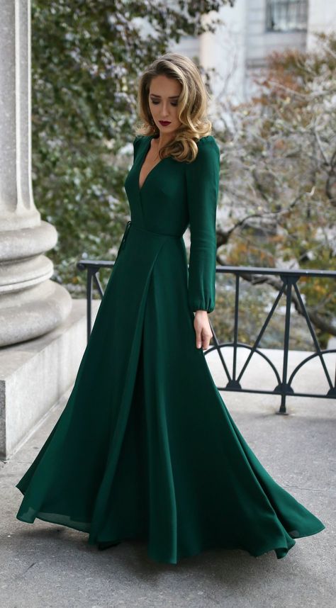 30 DRESSES IN 30 DAYS: Black Tie Wedding Guest // Emerald green long-sleeved floor-length wrap dress, black and gold geometric pattern evening clutch, multicolor beaded statement earrings, black velvet kitten heel pumps with bow detail {Miu Miu, Zara, Reformation, black tie wedding, formal wedding guest, elegant dress, cocktail dress, winter style, nyc fashion blogger, ootn} Wedding Dress Black, Green Wedding Dresses, Black Tie Wedding Guests, 파티 드레스, V Neck Prom Dresses, Black Tie Dress, Black Wrap, Dress Coat, Maxi Dress Evening