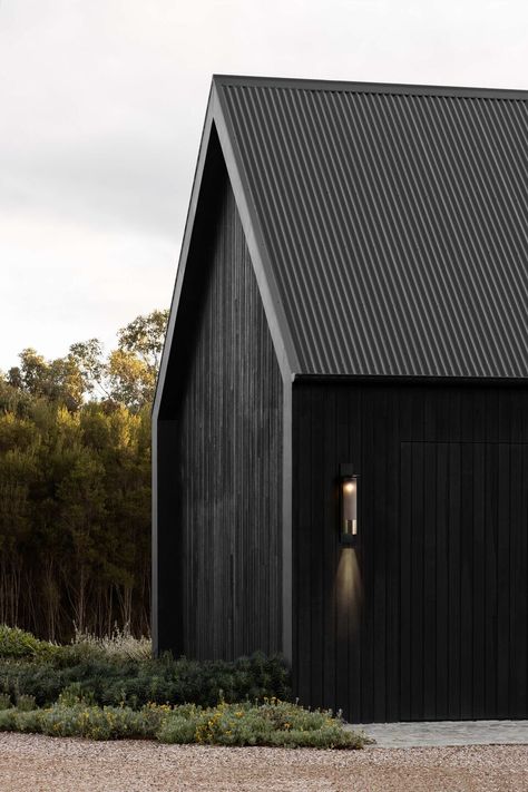 Coloursteel Cladding, Black Metal Building, Modern Black Houses, Contemporary Sheds, Black Houses, Contemporary Barn, House Cladding, Black Barn, Modern Barn House