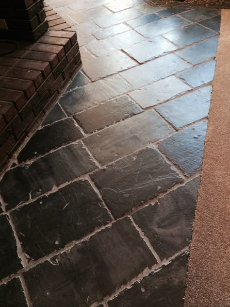 Repurposed roof tile as tile floors!  I love this. Repurposed Slate Roof Tiles, Slate Roof Tiles Repurpose, Slate Shingles Repurposed, Loft Conversion Steels, Slate Tile Crafts, Slate Ideas, Slate Shingles, Slate Roof Tiles, Slate Floor