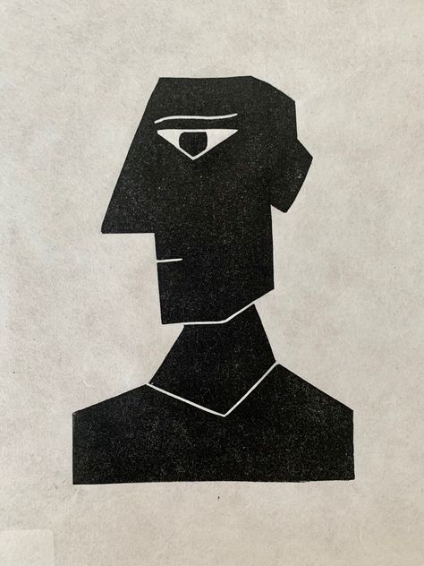 Linocut print created and printed by hand, inspired by Picasso, abstract portraits and Cubsim Lino Portrait, Lino Cut Ideas, Abstract Portrait Drawing, Simple Linocut, Linocut Portrait, Cubism Portrait, Linoleum Carving, Abstract Linocut, Lino Ideas