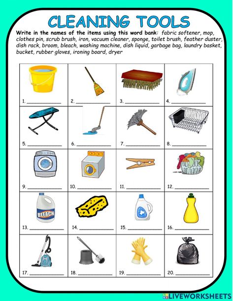 Cleaning Equipment Tools, Cleanliness Worksheets For Kids, Cleaning Vocabulary, Things In The House Worksheet, Cleaning Vocabulary English, Things In The Kitchen Vocabulary, Cooking Vocabulary Worksheets, School Equipment, Cleaning Items