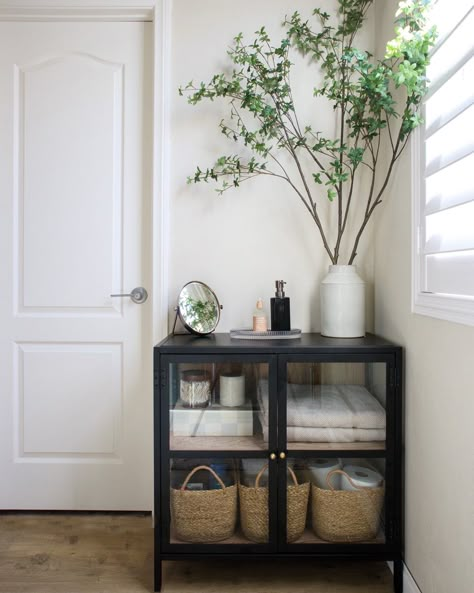 Easy ideas for extra bathroom storage #bathroom #storage #targethomedecor #diy Dressers In Bathroom For Storage, Bathroom Storage Dresser, Extra Bathroom Storage Cabinets, Bathroom Sideboard Storage, Bathroom Buffet Storage, Bookshelf Bathroom Storage, Bathroom Small Storage Cabinet, Bathroom Styling Shelves, Bathroom Towel Storage Ideas Cabinets