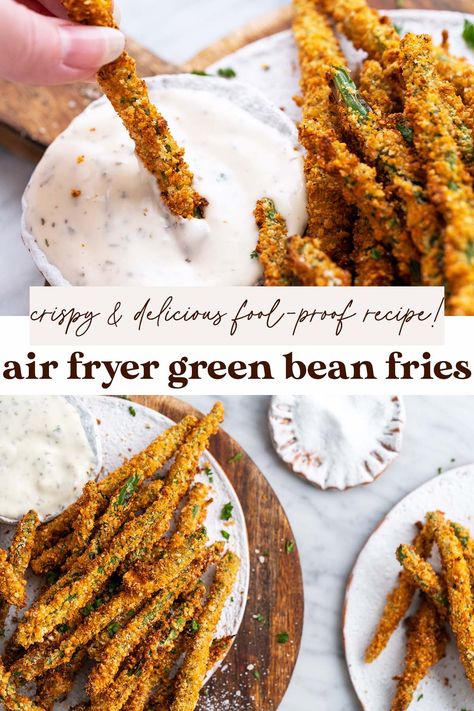 Air Fryer Green Bean Fries Recipe (With Keto Option) Green Bean Fries Air Fryer, Green Bean Appetizers, Crispy Green Beans, Tempura Recipe, Green Beans Side Dish, Vegetable Salad Recipes, Fried Green Beans, Fries Recipe, Fresh Green Beans