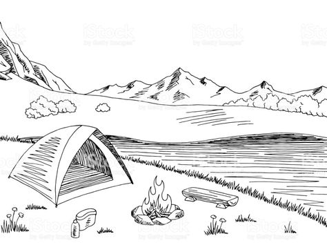 Camping graphic black white mountain landscape sketch illustration ... Story Board Illustration Ideas Easy, Campsite Drawing, Hiking Sketch, Camping Sketch, Book Sketches, Mountains Drawing, Camping Illustration, Camping Graphic, Camping Drawing