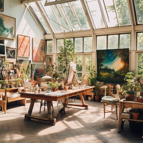 Messy Art Studio Aesthetic, Green House Art Studio, Art Studio With Plants, Art Studio In Garden, Conservatory Art Studio, Art Studio Windows, Art Studio Greenhouse, Art Workshop Aesthetic, Large Art Studio