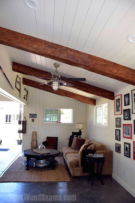 Vaulted Ceilings with Exposed Beams | Faux Wood Workshop Fake Wood Beams, Vaulted Ceiling Beams, Exposed Beams Ceiling, Beams Living Room, Wood Plank Ceiling, Vaulted Ceiling Living Room, Plank Ceiling, Faux Beams, Faux Wood Beams