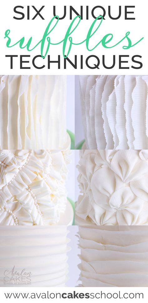 "6 Fondant Ruffle Techniques Tutorial from Shannon Bond for wedding cakes, shower cakes and more. Techniques include: Classic Vertical, Frilled Ruffles, Linear Horizontal Ruffles, Romantic Horizontal Ruffles, Pleated Ruffles, Gathered Ruffles Step by Step video tutorial only on avaloncakesschool.com Avalon Cakes School of Sugar Art " #uniqueruffles #caketutorial #cakedecorating Ruffle Cake Tutorial, Cupcake Frosting Techniques, Fondant Ruffles, Fondant Techniques, Ruffle Wedding Cake, Frosting Techniques, Cake Decorating For Beginners, Girly Cakes, Creative Cake Decorating