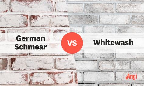 German Schmear vs. Whitewash Whitewash Vs German Smear, How To German Smear Brick Exterior, Distressed Limewash Brick, German Smear Vs Lime Wash, Whitewashed Brick Exterior, German Schmear Brick Exterior, Brick Patio Floor, Whitewash Brick Exterior, White Washing Brick