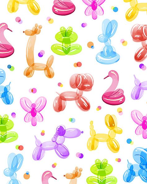 It's an instant party when you have balloons! Especially balloon animals such as giraffes, swans, puppies, butterflies and others! Add color and fun to your quilt with this colorful fabric. Digitally printed, larger balloon animals are about 4", from the 'Pop Culture' collection by Ink & Arrow Fabrics and Quilting Treasures.  Also available on a black background.  Quilt Fabrics from www.eQuilter.com Balloon Dog Illustration, Balloon Background Wallpapers, Balloon Animal Wallpaper, Background Balloons, Birthday Pattern, Balloon Pattern, Arrow Fabric, Party Pattern, Quilt Fabrics