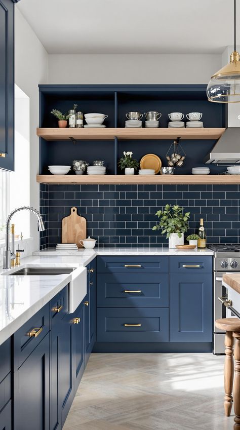 Kitchen Cabinet Color Ideas Indigo Kitchen Cabinets, Blue Cabinets Butcher Block Counter, Small Blue Kitchen, Trending Cabinet Colors, Cabinet Color Schemes, Deep Blue Kitchen, Navy Blue Kitchen Ideas, Farmhouse Facelift, Blue Cabinets Kitchen