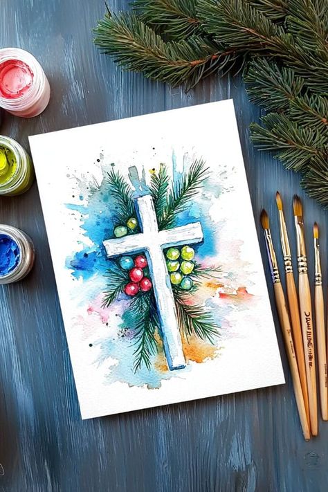 25 Watercolor Christmas Cards DIY Ideas to Brighten Your Holidays Religious Christmas Card Ideas, Christian Christmas Cards Handmade, Christmas Cards Handmade Easy, Christmas Cards Religious, Christmas Cards Diy, Nativity Christmas Cards, Religious Christmas Card, Watercolor Christmas Cards Diy, Christian Christmas Cards