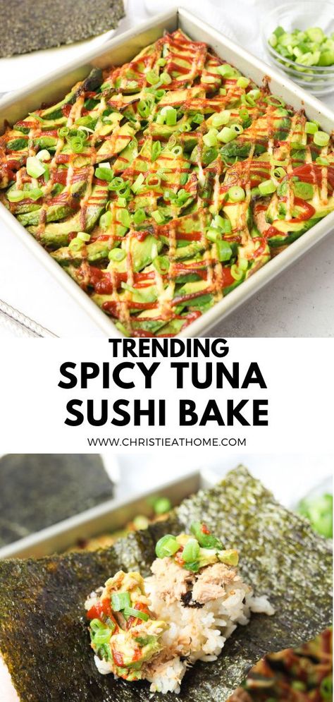 Spicy Tuna Sushi Bake. An easy and delicious sushi bake with a layer of sushi rice, sriracha mayo tuna, avocado and green onions broiled and wrapped in nori. Tasty and simple to make at home. A popular trend now that is worth trying if you love sushi but don’t want to deal with the fuss of rolling! Great for dinner or lunch. #sushi bake #sushi bake easy #sushi bake recipe #sushi bake recipe easy #sushi bake recipe how to make #recipe #easy #recipe easy #tuna #recipe how to make #spicy tuna Nori Tuna Wraps, Sushi Bake With Canned Tuna, Tuna And Salmon Sushi Bake, Sushi Bake Tuna And Crab, Sushi Recipes Without Rice, Sushi Bake With Chicken, Sushi Bake No Salmon, Sushi Bake Recipe Tuna, Ahi Tuna Sushi Bake