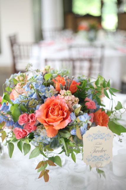 Coral Wedding Flowers, Table Flower Arrangements, Orange Wedding Flowers, Coral Roses, Rose Centerpieces, Blue Wedding Flowers, Wedding Table Flowers, Pink Wedding Flowers, Flowers Blue