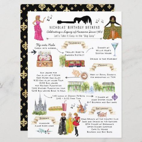 $ 3.2 | Watercolor New Orleans Birthday Weekend Itinerary #illustrated itinerary cards #destination birthday weekend #bachelorette #travel #new orleans #mardi gras #watercolor map #birthday party #bachelor party #drag queens New Orleans Birthday, Mardi Gras Bachelorette, Birthday Weekend Itinerary, Birthday Itinerary, Mardi Gras Invitations, Itinerary Invitation, Bachelor Party Invitations, Party Itinerary, Bachelorette Weekend Itinerary