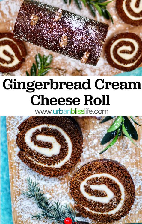 Gingerbread Cake Roll Recipe, Christmas Dessert Cake, Gingerbread Cake Roll, Gingerbread Cream Cheese, Jelly Rolls Recipe, Roll With Cream Cheese Filling, Christmas Cake Roll, Gingerbread Dessert, Jelly Roll Cake