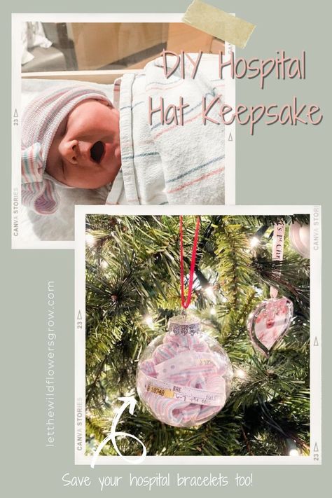 Easy DIY Christmas ornament keepsake for your baby's hospital hat and your hospital bracelets. I don't know about you but I didn't want to just throw away our first set of matching bracelets, and she got 3 hats from the hospital so I wanted to preserve some of these special items in a keepsake. Visit my blog to learn more tips on how you can create this easy DIY hospital hat keepsake. Hospital Hat Ornament, Hospital Bracelet Ornament, Baby Hospital Bracelet Ornament, Baby Keepsake Ornament Diy, Newborn Ornament Diy Baby Keepsake, Baby Sonogram Ornament Diy, Hospital Bracelet Keepsake, Newborn Ornament Diy, Newborn Christmas Ornament Diy