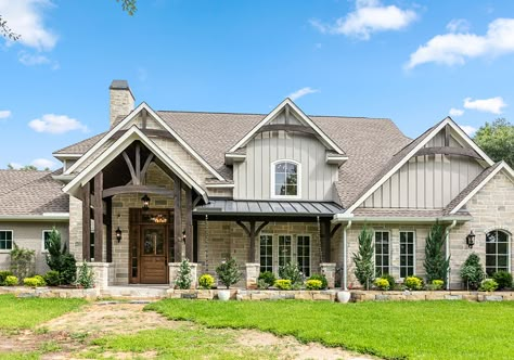 Board And Batten Chimney Exterior, Exterior Bungalow, Tennessee House, Ranch House Remodel, Gable Trim, Stone Exterior Houses, Gable House, House Front Porch, House Facades