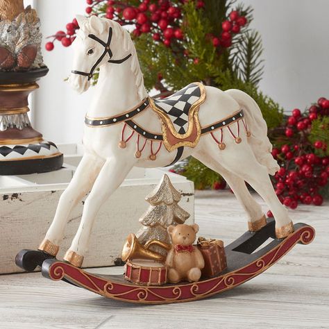 Wooden Rocking Horse Christmas Decor, Rocking Horse Aesthetic, Christmas Horse Decor, Gingerbread Rocking Horse, Hermes Christmas, Painted Rocking Horse, Horses Christmas, Christmas Rocking Horse, Xmas Colors