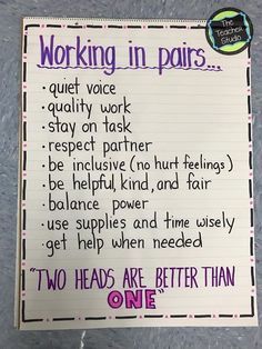 Anchor chart for introducing how to work with partners. Includes ideas for when partner work is appropriate. From the Teacher Studio. Classroom Anchor Charts, Math Anchor Charts, 4th Grade Classroom, Partner Work, 3rd Grade Classroom, 2nd Grade Classroom, Classroom Behavior, Cooperative Learning, Classroom Rules