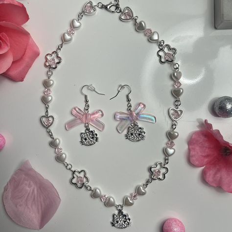 Hello kitty necklace & earring set 💕 

#hellokitty... - Depop Coquette Jewelry, Hello Kitty Necklace, Kitty Necklace, Hello Kitty Jewelry, Eye Pins, Earrings Beaded, Cat Necklace, Necklace Earring Set, Jewelry Handmade